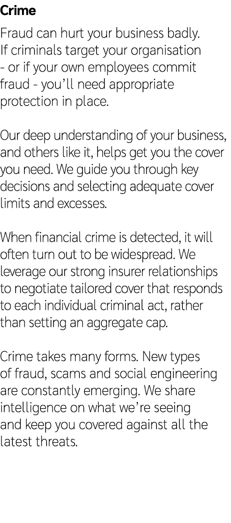 Crime Fraud can hurt your business badly. If criminals target your organisation or if your own employees commit fraud...
